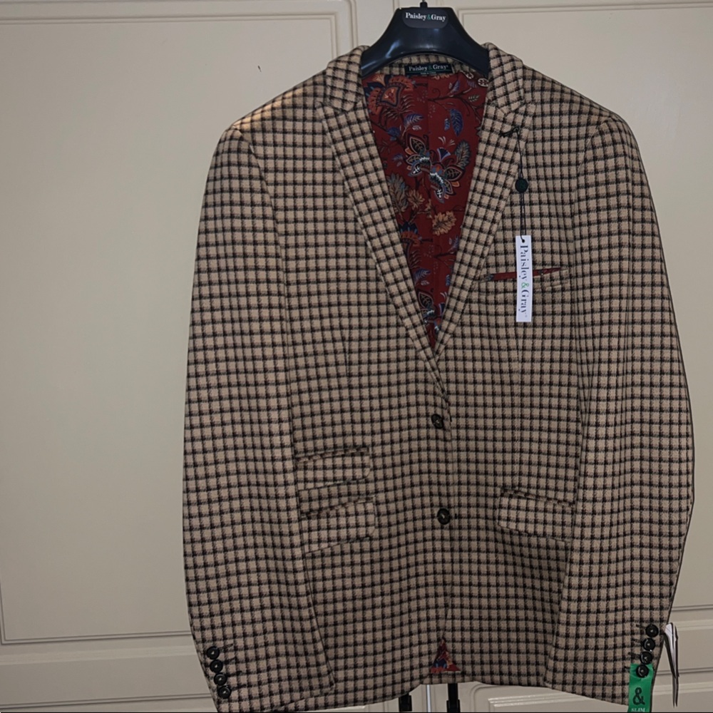 Paisley & Gray Beige Plaid Blazer with Red Lining